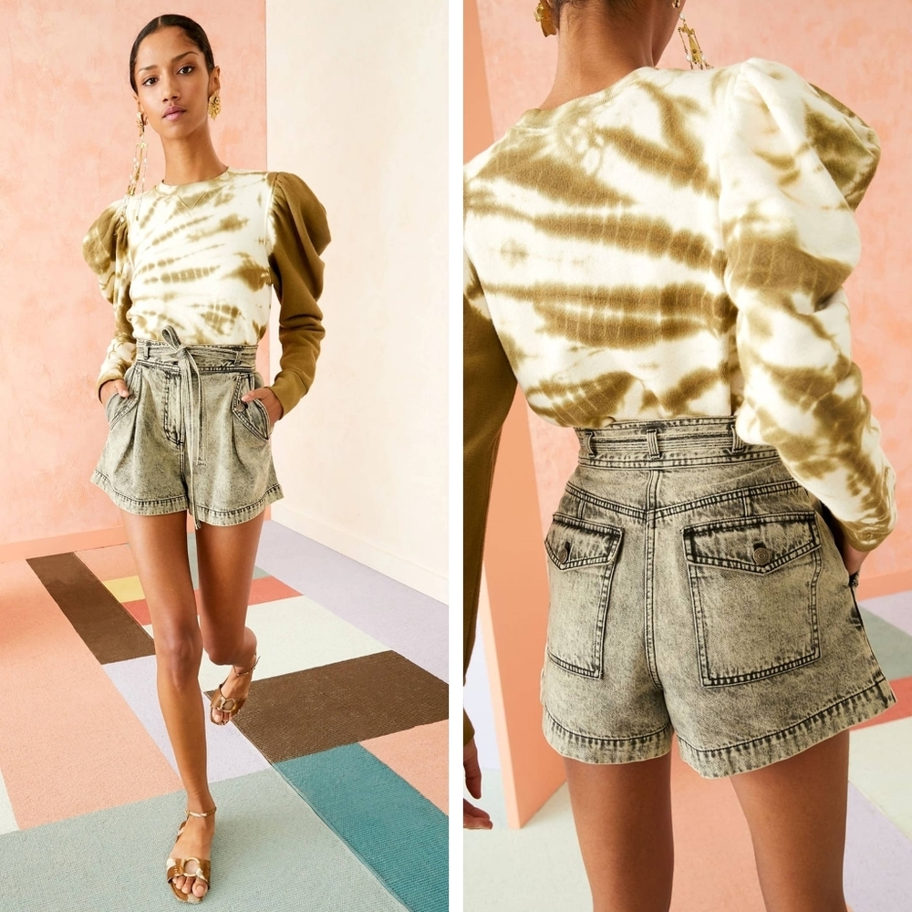 Ulla Johnson Alec Tie-Waist Shorts Acid Wash Denim Green Black Size 10 - Picture 2 of 9